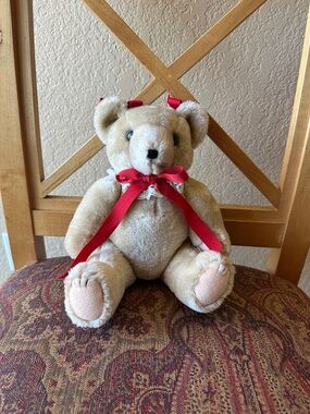 Plush Beige Teddy Bear with Red Ribbon - Soft Kids Toy
